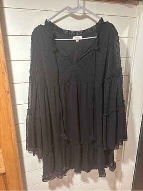 Umgee Black Swiss Dot Tiered Peasant Dress